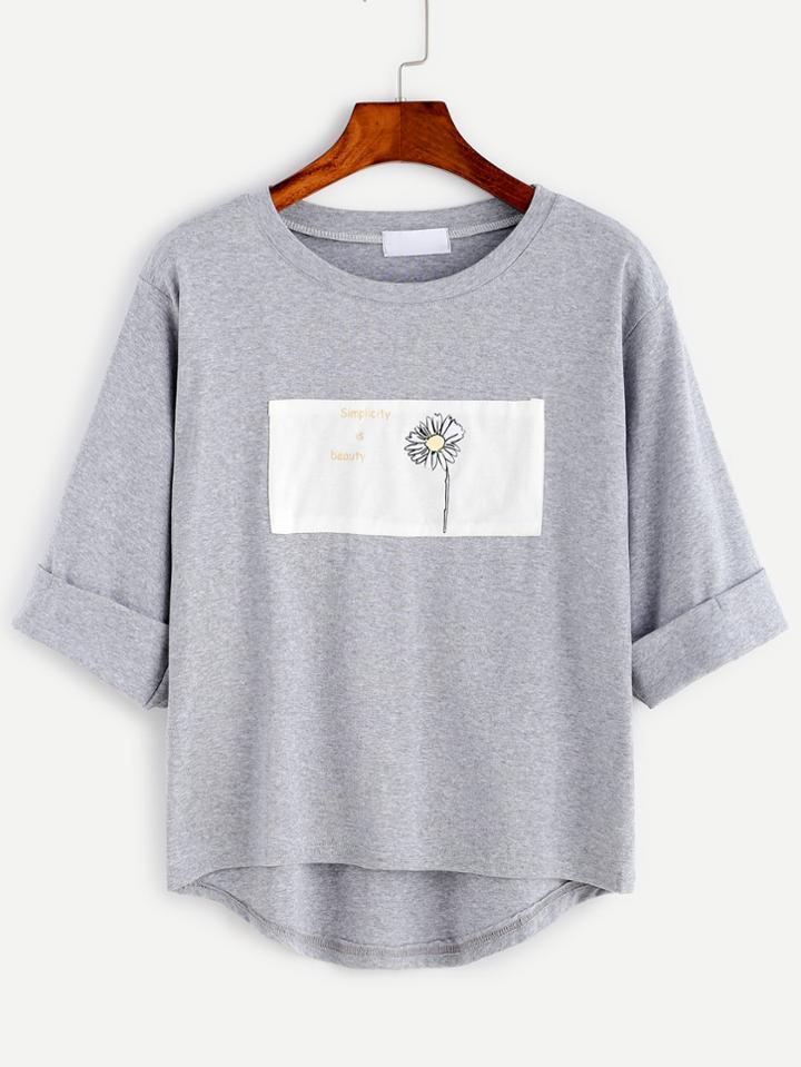 Shein Grey Daisy Print Patch High Low Cuffed T-shirt