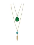 Shein Green Boho Style Double Layer Artificial Turquoise Feather Pendand Necklace