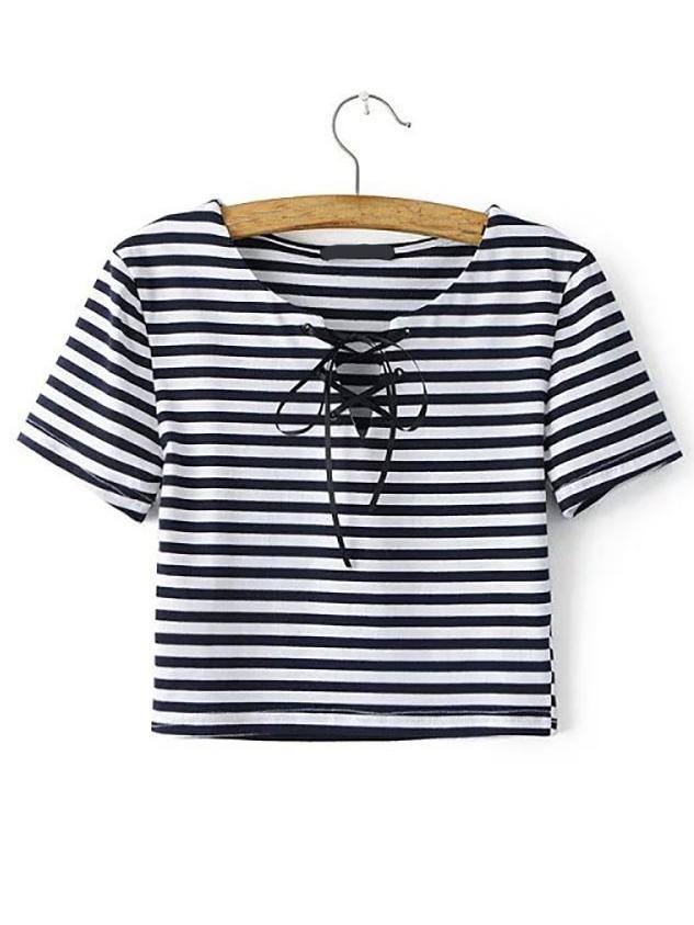 Shein Black White Striped Lace Up Crop T-shirt