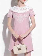 Shein Pink Contrast Crochet Embroidered Pockets Dress