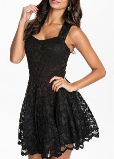 Rosewe Black Cutout Back Sleeveless Lace Skater Dress