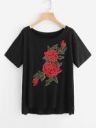 Shein Embroidered Applique Drop Shoulder High Low Raw Trim Tee