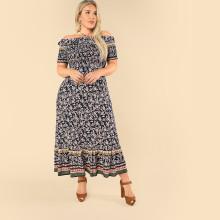 Shein Plus Off Shoulder Ruffle Hem Calico Dress
