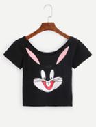Shein Black Rabbit Print Scoop Neck Crop T-shirt