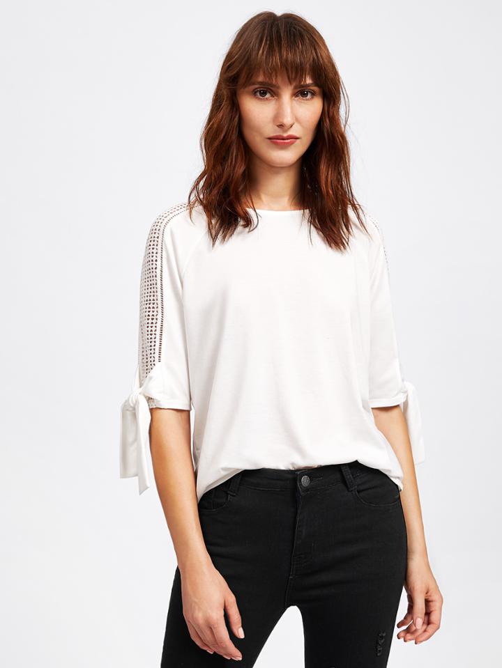 Shein Geo Lace Panel Tied Cuff Top
