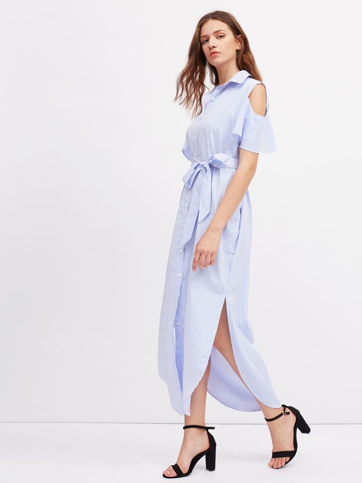 Shein Vertical Striped Slit Side Curved Hem Dress