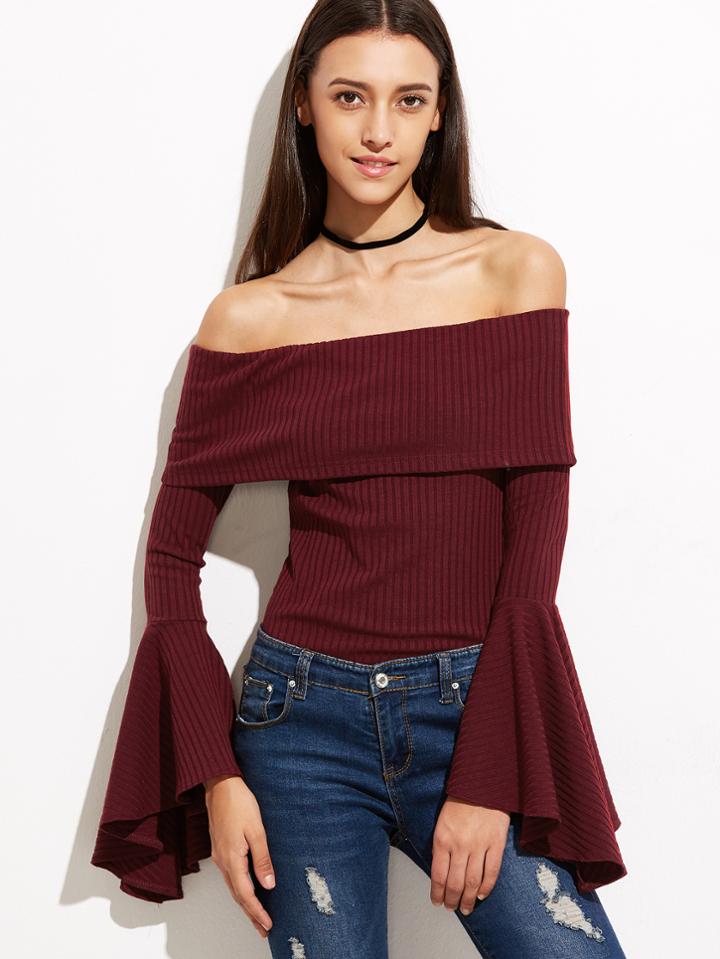 Shein Burgundy Foldover Off The Shoulder Bell Sleeve Ribbed T-shirt