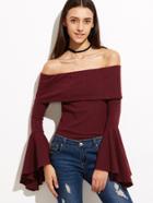 Shein Burgundy Foldover Off The Shoulder Bell Sleeve Ribbed T-shirt