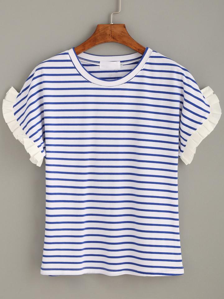 Shein Blue White Striped Ruffle Trimed Sleeve T-shirt