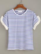 Shein Blue White Striped Ruffle Trimed Sleeve T-shirt