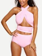 Shein Pink Cross Wrap Halter High Waist Bikini Set