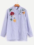Shein Blue Striped Flower Embroidered Slit Side High Low Shirt