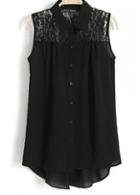 Rosewe Fashion Black Turndown Collar Sleeveless Shirt With Lace