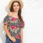 Shein Layered Flounce Off Shoulder Floral & Striped Top