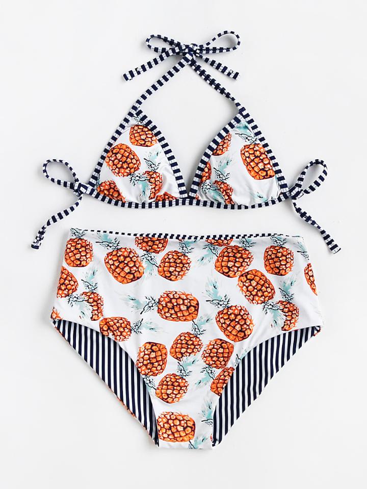 Shein Striped And Pineapple Print Self Tie Bikini Set
