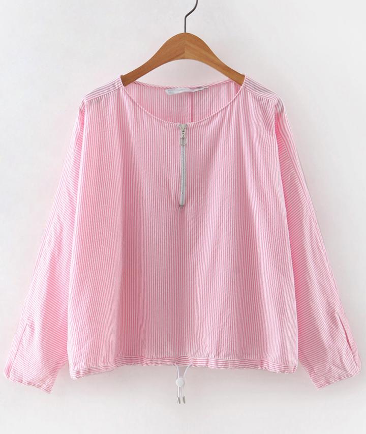 Shein Pink Drawstring Zipper Front Stripe Blouse
