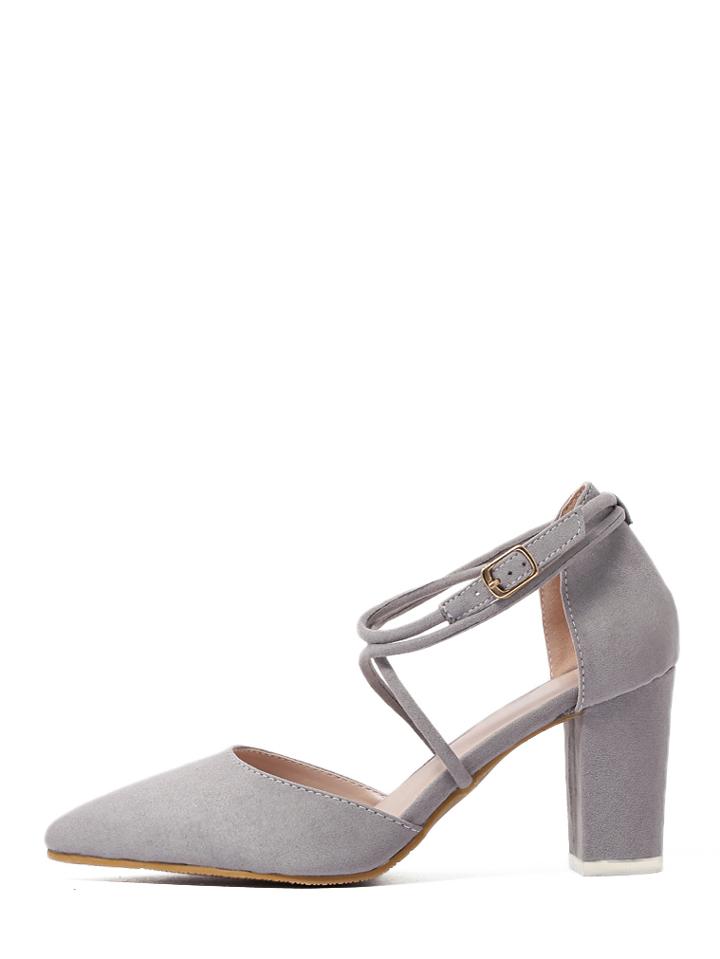 Shein Gray Faux Suede Block Crisscross Strappy Chunky Pumps