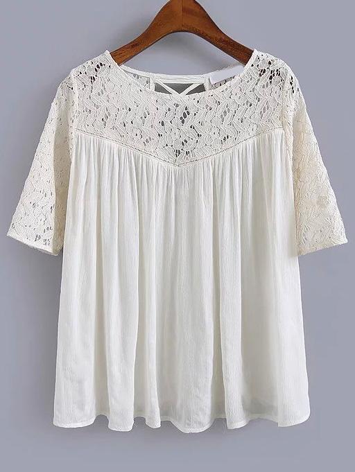 Shein Lace Insert Lattice Back Chiffon White Shirt