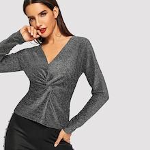 Shein V-neck Twist Front Glitter Tee