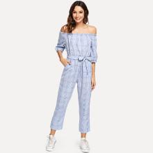 Shein Off Shoulder Tie Waist Plaid Jumpsuit