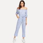 Shein Off Shoulder Tie Waist Plaid Jumpsuit