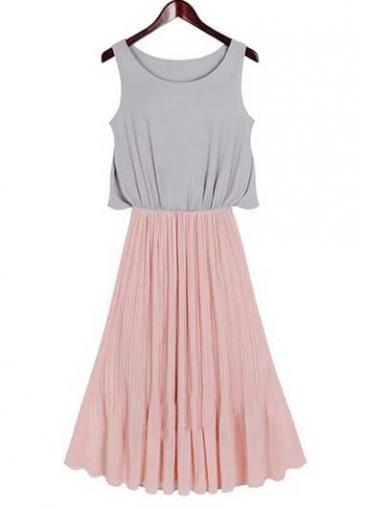 Rosewe New Arriving Round Neck Color Block Pleated Dress