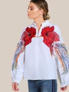 Shein Bird Embroidered Lantern Sleeve Top