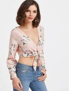 Shein Florals Deep V Neck Bow Tie Hem Crop Top