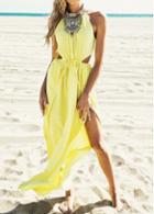Rosewe Double Slit Yellow Sleeveless Maxi Dress