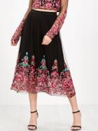 Shein Black Embroidered Mesh Overlay Midi Skirt