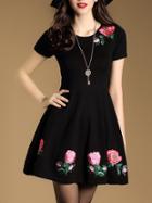 Shein Black Crew Neck Flowers Embroidered A-line Dress