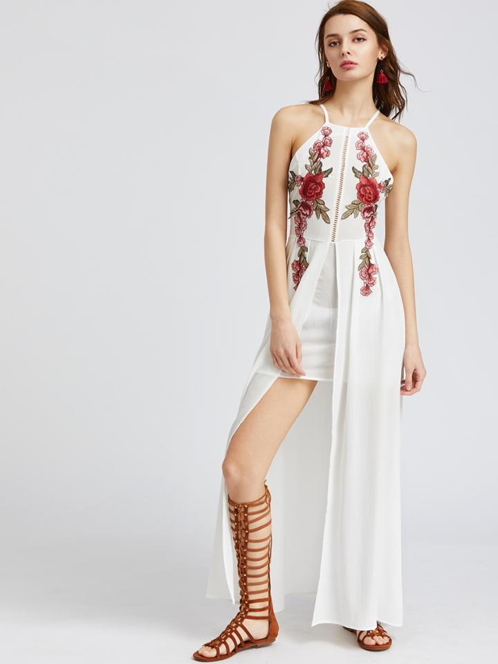 Shein White Criss Cross Backless Appliques Layered Split Dress