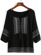 Shein Black Embroidered Lace Up Blouse