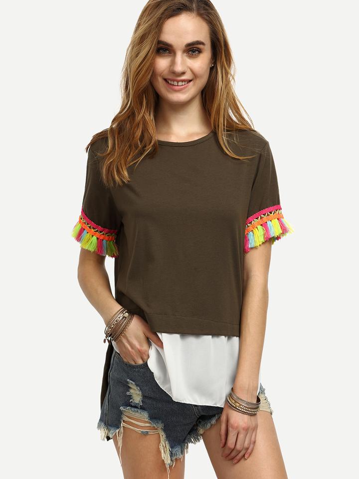 Shein Army Green Tassel Cuff Dip Hem T-shirt
