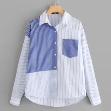 Shein Button & Pocket Front Color Block Striped Top