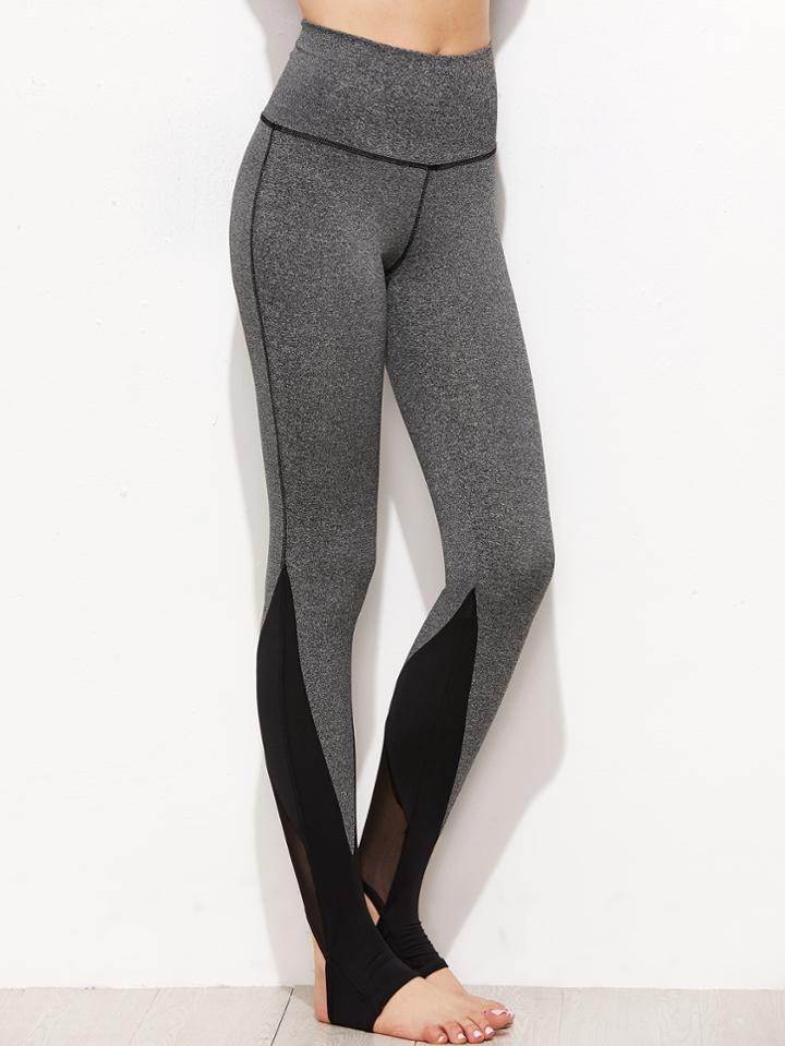 Shein Grey Marled Knit Contrast Mesh Panel Stirrup Leggings