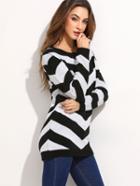 Shein Black And White Chevron Pattern Buttoned Shoulder Sweater