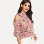 Shein Open Shoulder Floral Ruffle Blouse