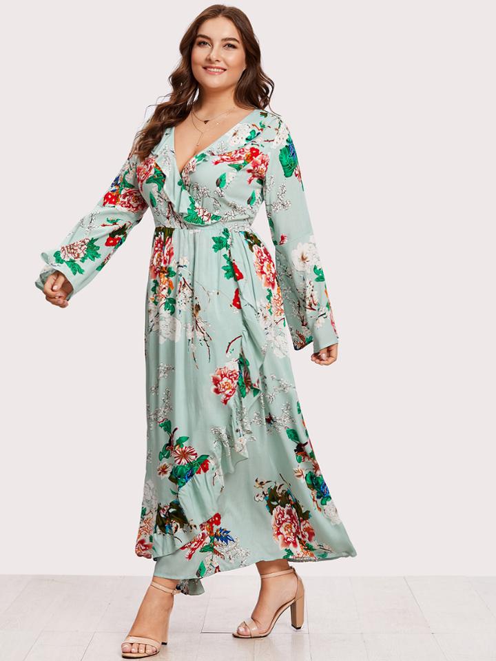 Shein Trumpet Sleeve Ruffle Trim Wrap Dress
