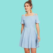 Shein Bell Sleeve Open Shoulder Denim Dress