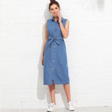 Shein Tie Waist Denim Shirt Dress