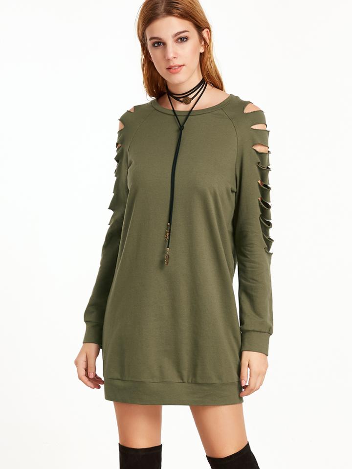 Shein Olive Green Ripped Raglan Sleeve Sweatshirt Dress