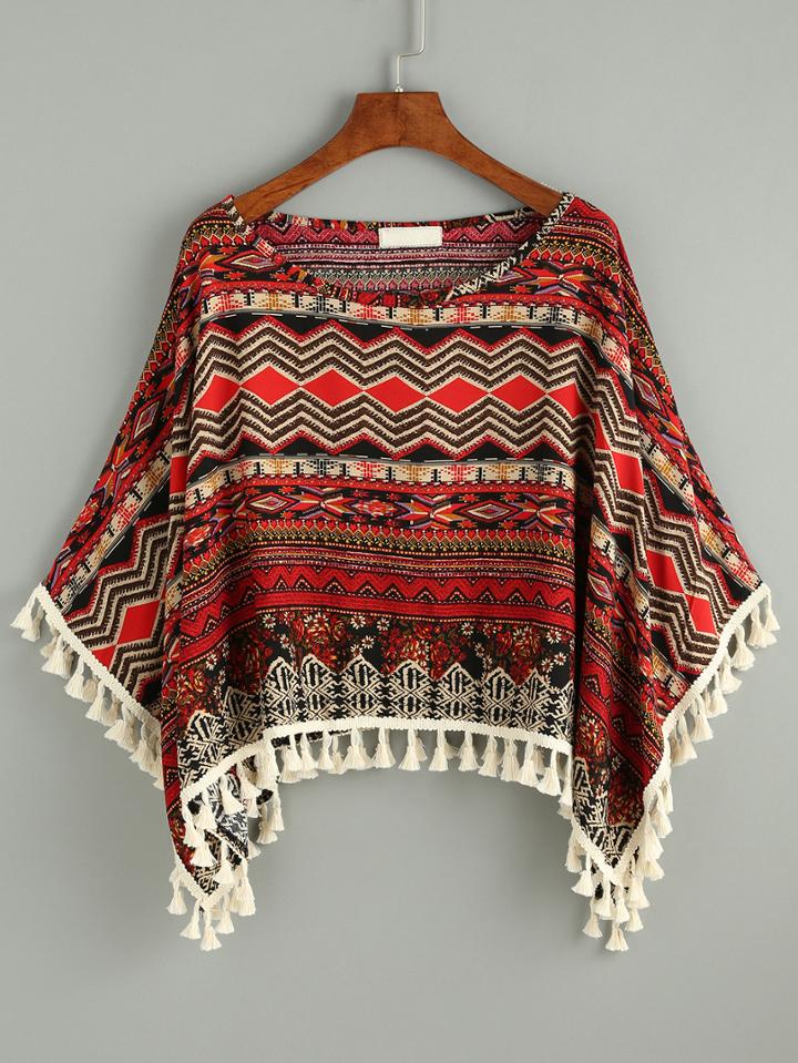 Shein Geometric Print Fringe Top