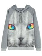 Shein Contrast Trim Cat Print Hooded Sweatshirt