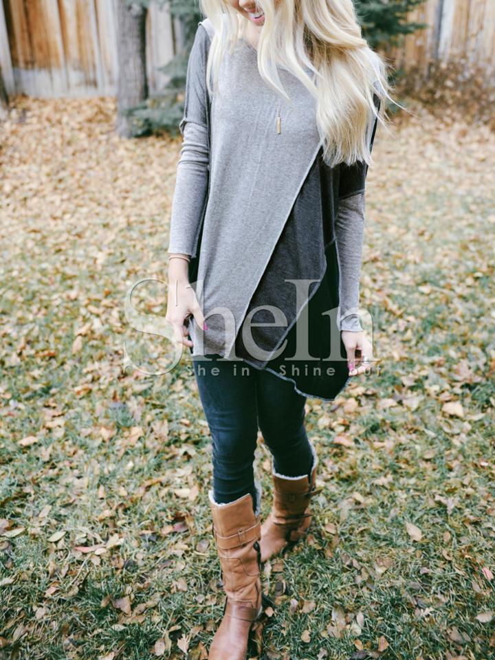 Shein Grey Color Block Loose T-shirt