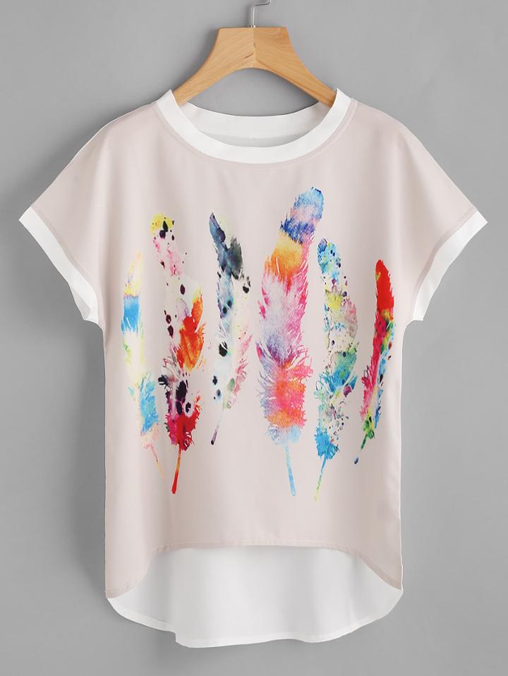 Shein Feather Print Batwing Sleeve Dip Hem Chiffon Top