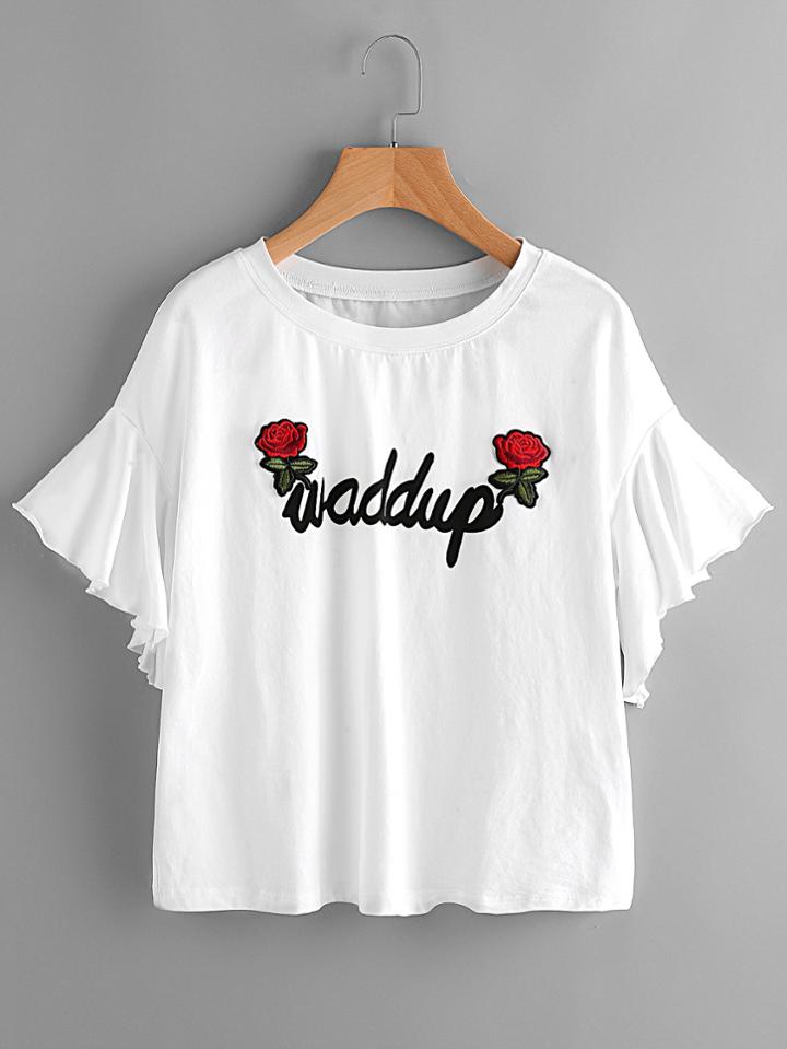 Shein Drop Shoulder Embroidered Rose Patch Flutter Sleeve Tee