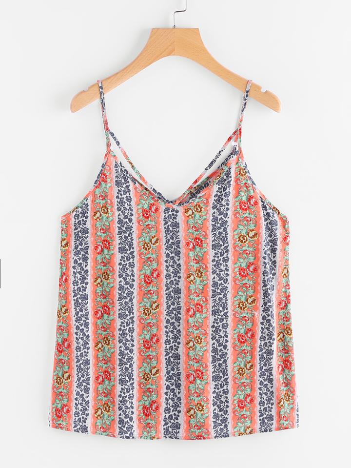 Shein Floral Striped Double V Neck Strappy Cami Top