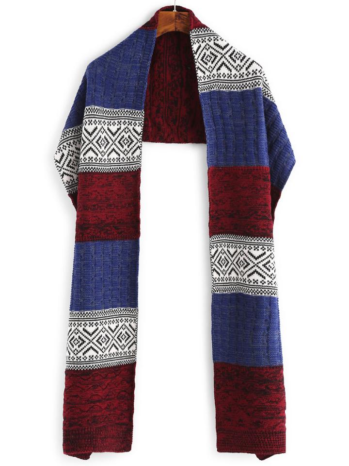 Shein Red And Blue Patchwork Knit Textured Long Scarf