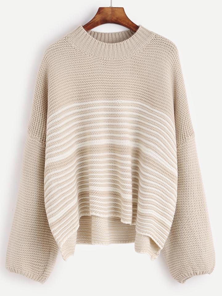 Shein Apricot Drop Shoulder Striped Trim Sweater